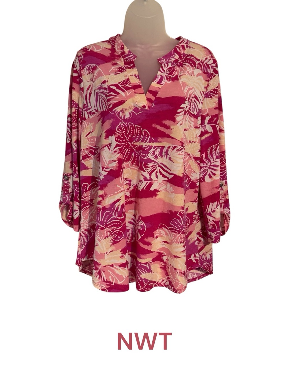 NWT Pink Tropical Floral Tunic with Split V-Neck 3/4 Sleeves  MEDIUM   #L